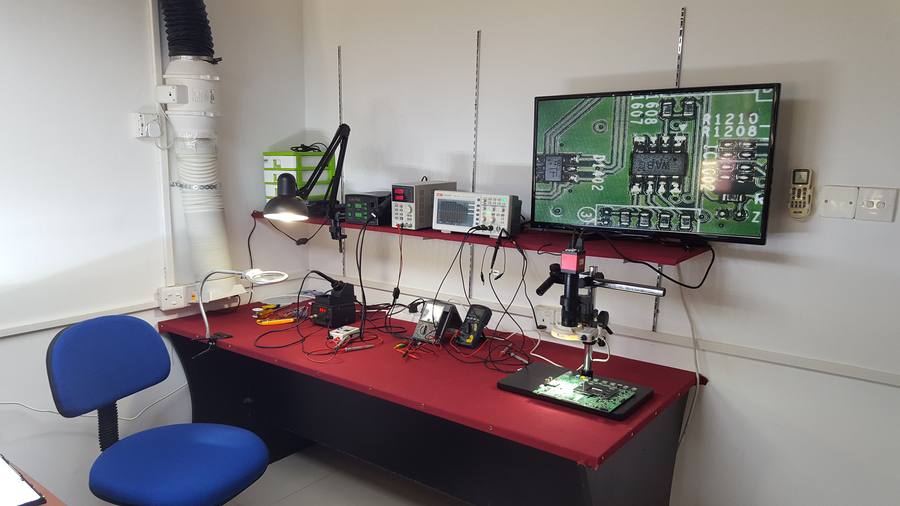 OLVO Techniques Repair Bench with oscilloscope and microscope